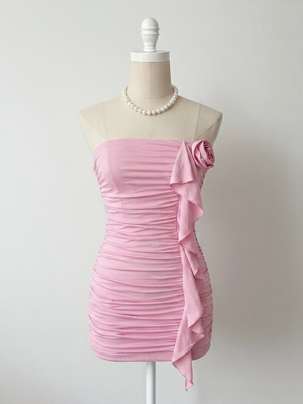 Envy & Grace Strapless Pink Ruched Mini Dress with Side Ruffle